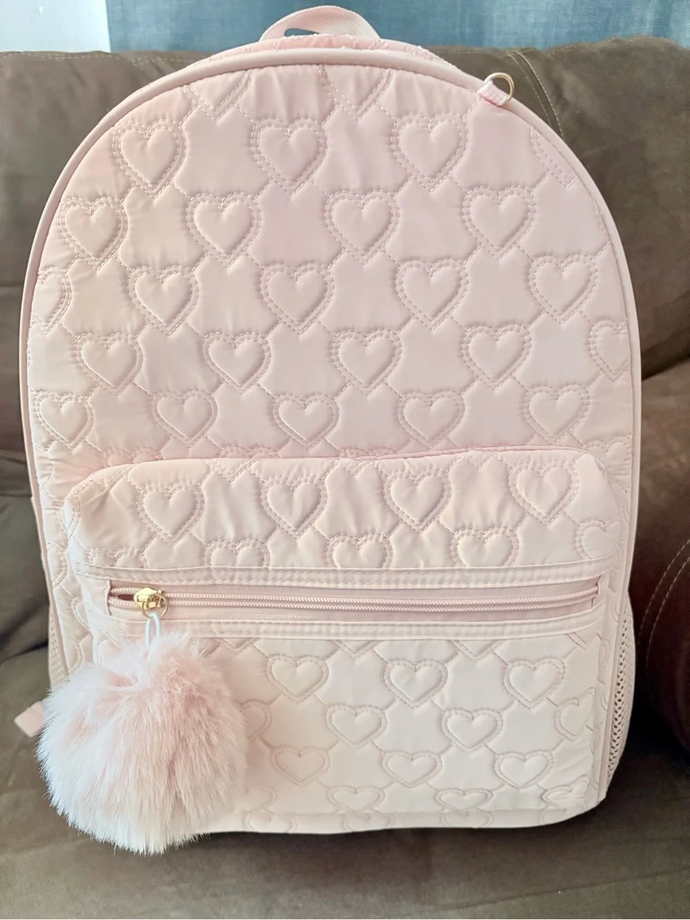 Under One Sky Quilted Heart Backpack in Light Pink with Pom Pom